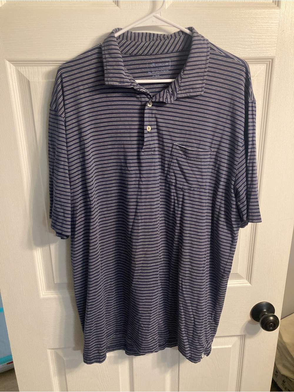 Peter Millar Navy & White Striped Knit Pocket Polo Shirt